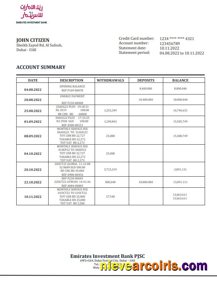 UAE Investment Bank statement